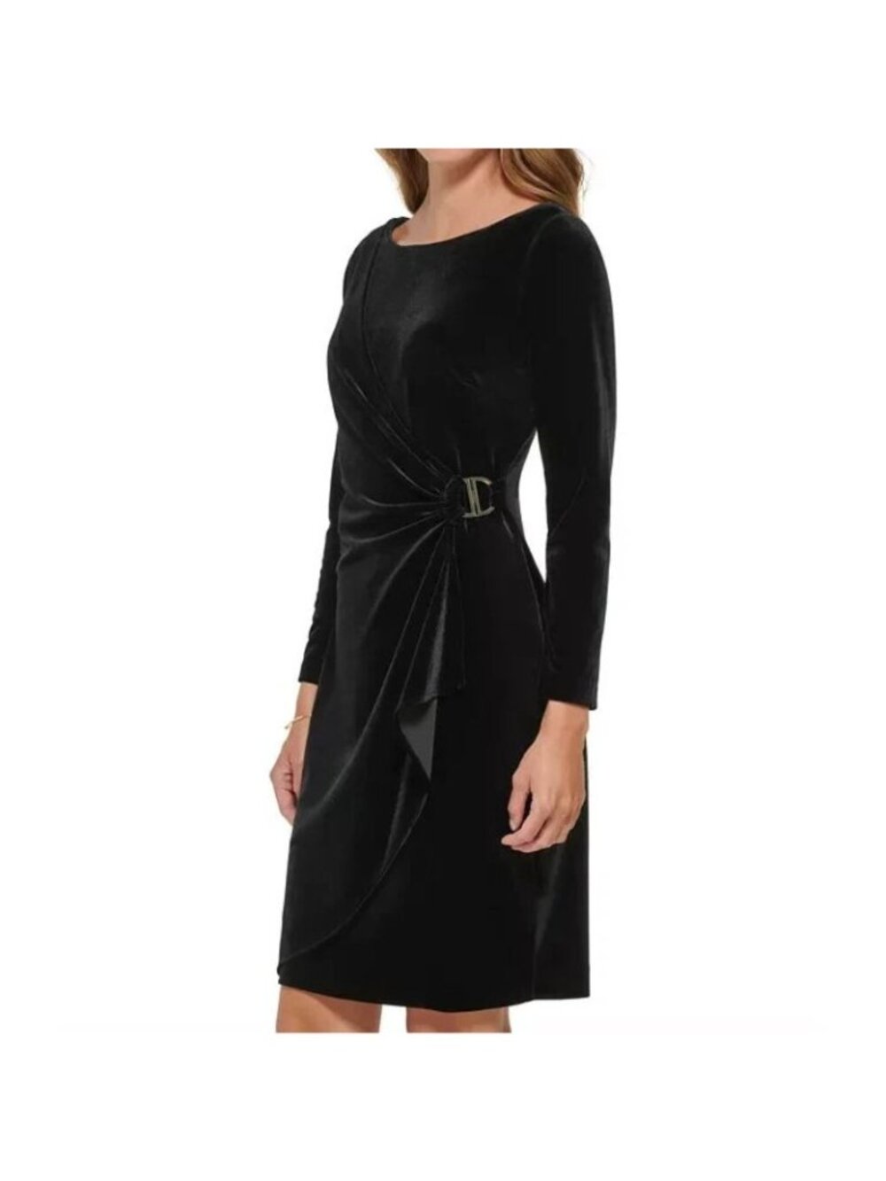 NWT DKNY Womens Black Velvet Draped Long Sleeve Boat Neck Sheath Dress Size 4